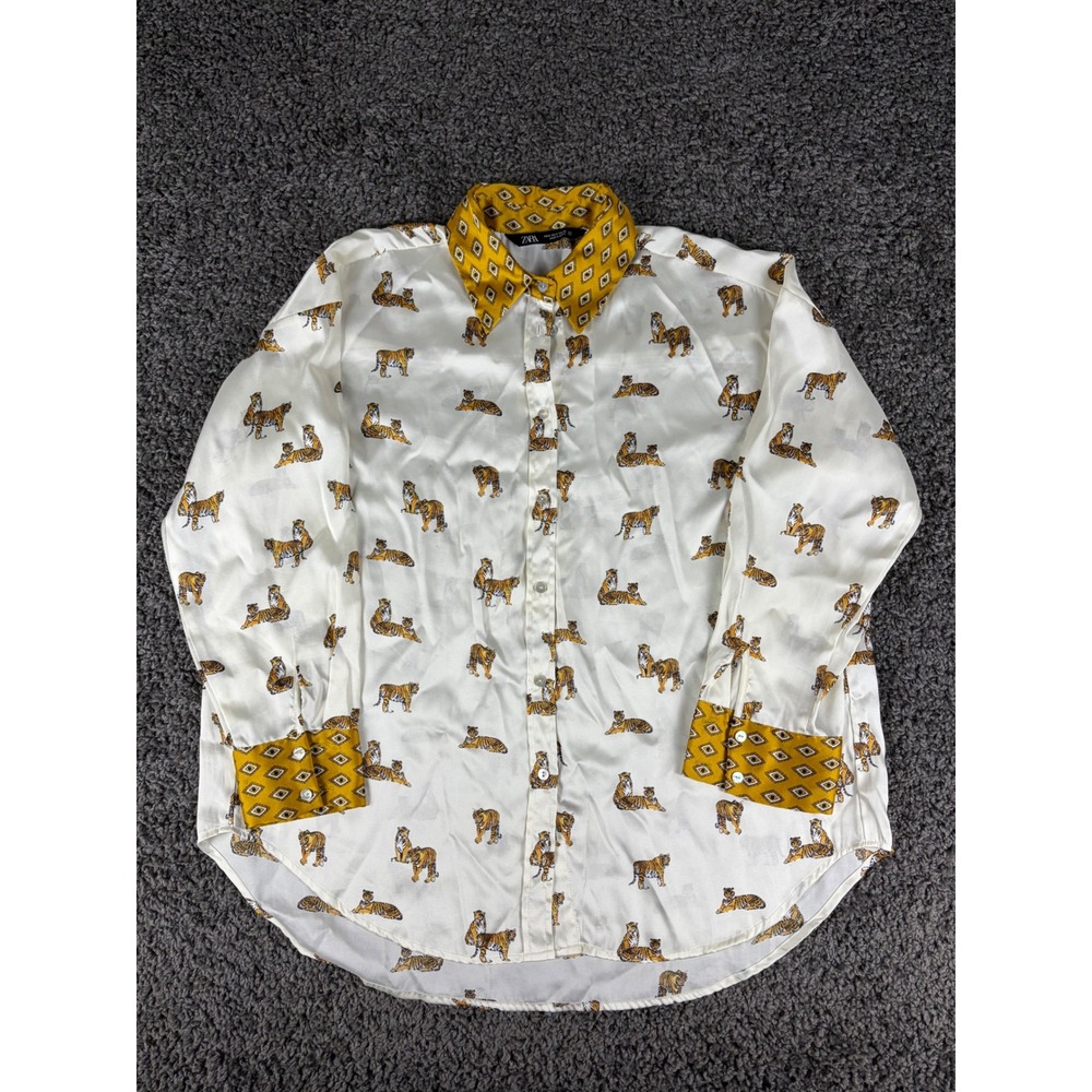 Zara Women White Satin Tiger Print Button Down Shirt Mustard Geometric Collar S